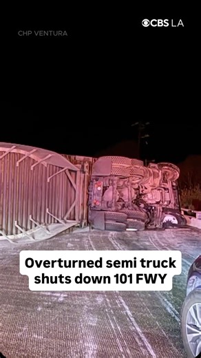 An overturned semi truck closed all northbound lanes of the 101 Freeway Saturday morning near Padre Juan Canyon Road by Faria Beach. CHP says the big rig is blocking all lanes. Crews do not expect the closure to last all morning. #semitruck #laneclosure #losangeles #cbsnews #cbsla | CBS LA