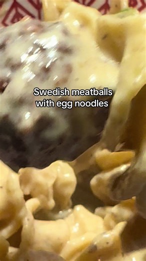 Swedish meatballs Ingredients * 1-12 oz package egg noodles * 1/4 cup butter * 1/4 cup flour * 2 cups beef broth * 3/4 cup heavy cream * 1 TBS Worcestershire sauce * 1 tsp salt (to taste) * 1/2 tsp black pepper (to taste) * 30 frozen meatballs Instructions * Boil water and cook egg noodles according to package directions. (Or heat up your rice, or mashed potatoes) When done cooking, drain and set aside till needed. * Add butter to a large saute pan or skillet over medium high heat until it is me