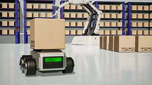 Car Robot transports truck Box with AI interface Object for manufacturing industry technology Product export and import of future Robot cyber in the warehouse by Arm mechanical future technology