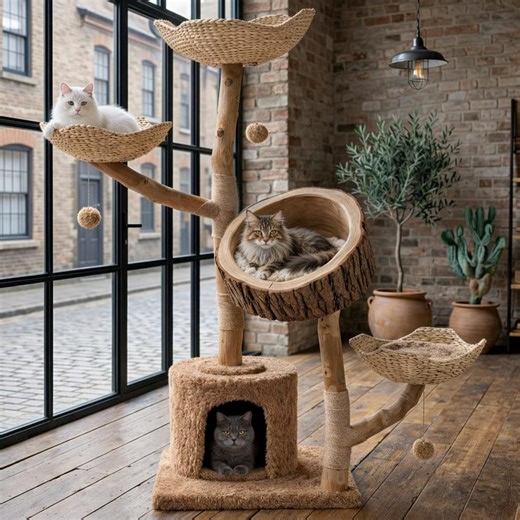 Natural Wood Cat Tree – Multi-level Woven Basket Condo, 59" - Etsy