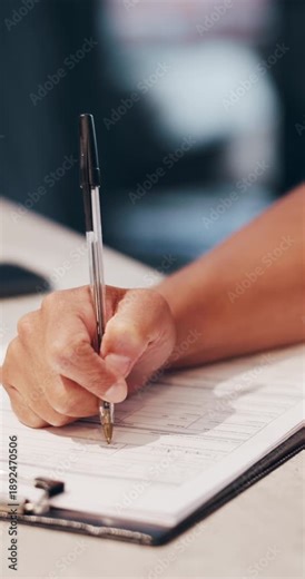 Hand, writing and clipboard in office with document, health insurance application and administration. Person, complete info and consent form in workplace for medical aid policy, checklist and survey.