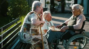 Retired nursing home clients enjoy playing chess outside while a nurse takes care of them
