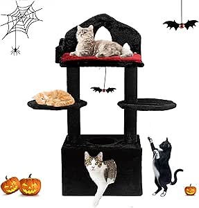 Gothic Cat Tree, 48in Black Cat Tree with Throne Bed, Cat Condo, Scratching Posts, Spooky Goth Cat Tower