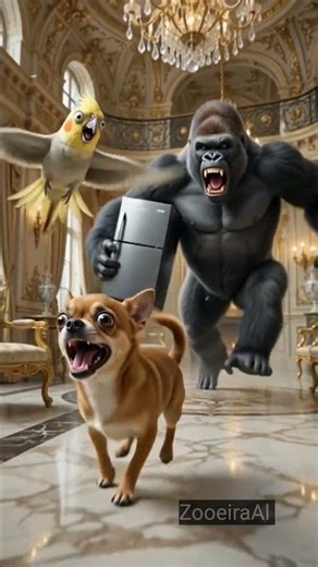 Chihuahua barked at the wrong animal... and chaos ensued! 🦍💥#Chihuahua #Gorilla #Cockatiel #BlackCat