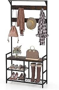 Hall Tree with Bench and Shoe Storage, 4-in-1 Coat Rack with Metal Frame & 9 Removable Hooks，Coat and Shoe Rack Entryway Bench for Hallway, Bedroom, Mudroom, Living Room, Rustic Brown
