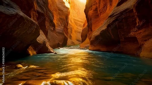 Firefly “Drone sliding over a canyon river where light reflections create liquid-gold patterns on th