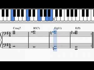 Jazz Piano 'Latin' Chord Progression: Cmaj7 -- B5(7) -- F(#11) -- E(9)