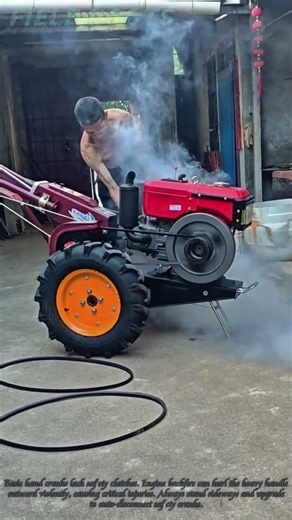 Safety Warning: Flying Crank Handle When Starting Single-Cylinder Diesel Tractor