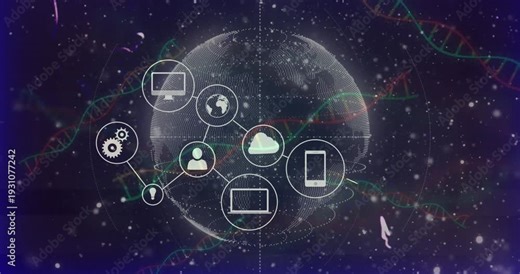 Cloud marker appearing, globe rotating, icons emerging and linking, forming global device network