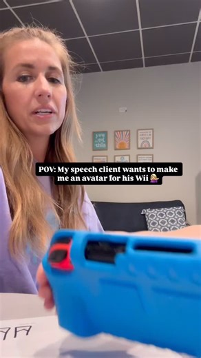 ✨When you know your speech and language goals, anything can be used to target them! ✨ Here we worked on Stage 5 gestalt language processing goals like using “does” and asking questions… plus practiced that tricky /l/ sound, all while making me into a Wii avatar 💁🏼‍♀️🎮 When following his lead, we build connection trust = the foundation to learning 🧠 | Speech at the Beach, PLLC