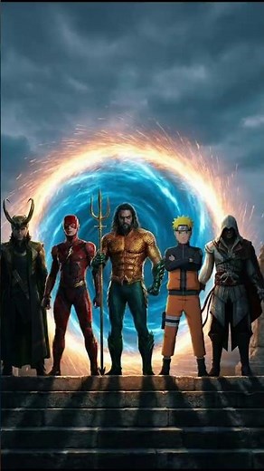 Loki, Flash, Aquaman, Naruto & Ezio fight thanos