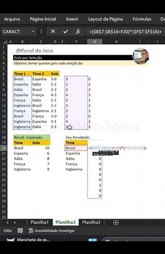 Somando gols por seleção com matriz dinâmica no Excel