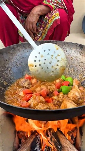 Village Woman Making Spicy Chicken Karahi Outdoors #desifood