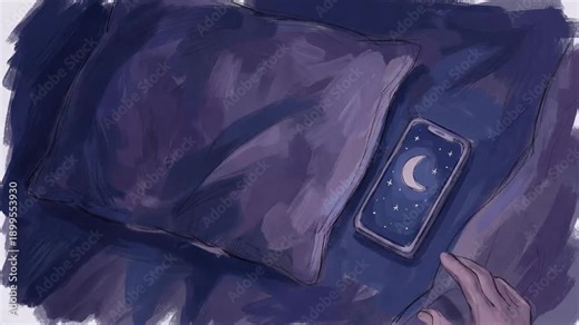 An individual rests in bed at night, reaching for a smartphone placed under a pillow. The screen displays a moon symbol, indicating a night-themed app usage