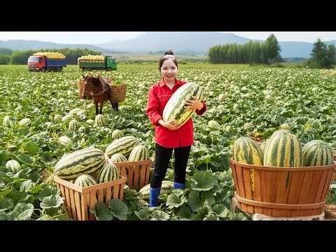 TIMELAPSE – Harvest 200KG Giant Strip Melons on the Massive Farm | Incredible Melon Season