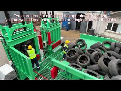 Inclined Tyre Baler Conveyor Feeding Two MK2 Balers | Non-Stop Tyre Baling System | Gradeall