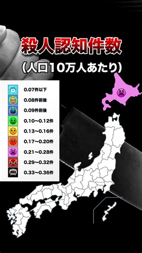 【空撮】禁断エリアMAP on Instagram: "◯人認知件数 都道府県別MAP 【以下が該当ソースのURLです】 人口推計（令和4年10月1日現在）- 都道府県別人口（総務省統計局） https://www.stat.go.jp/data/jinsui/2022np/index.html 総務省統計局 犯罪統計 「第6表 重要犯罪・重要窃盗犯 都道府県別 認知・検挙件数・検挙人員」（殺人含む）- 警察庁 / e-Stat https://www.e-stat.go.jp/dbview?sid=0003195003 【スコアごとの範囲定義（人口10万人あたり殺人認知件数）】 スコア1（最も危険） … 0.33〜0.36件 スコア2 … 0.29〜0.32件 スコア3 … 0.21〜0.28件 スコア4 … 0.17〜0.20件 スコア5 … 0.13〜0.16件 スコア6 … 0.10〜0.12件 スコア7 … 0.09件前後 スコア8 … 0.08件前後 スコア9（最も安全） … 0.07件以下 【都道府県別 殺人認知件数（人口10万人あたり）＋9段階評価】 01北海道 … 0