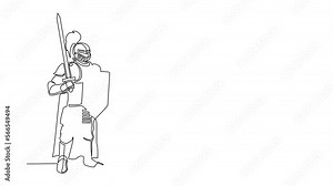 Animated self drawing of continuous line draw medieval knight standing in armor helmet holding shield and raised sword. Warrior of middle ages isolated. Chivalry figure. Full length one line animation
