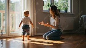Adorable Babys First Steps: Mothers Encouragement Sunny Home Scene.