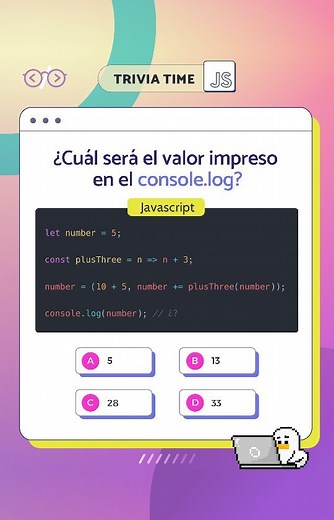 Javi Herrera on Instagram: "Javascript - Trivia Time 🤪 Sin copiar y sin soplar (y sin probar el código) ¿cuál crees que será el valor impreso en el console log? Hoy te traigo una pequeña trivia de Javascript para que te rompas la cabeza un rato y también para que puedas aprender un poquito más de este divertido y curioso lenguaje llamado Javascript 😍 La idea es que trates de identificar qué hace cada una de las líneas del código y que en los comentarios me dejes saber cuál crees que es la opci