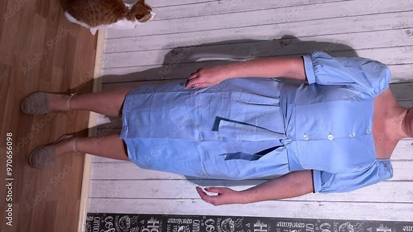 A woman is wearing and showcasing a dress purchased from an online store. Women's summer dress in blue. Showing from different angles. Vertical video