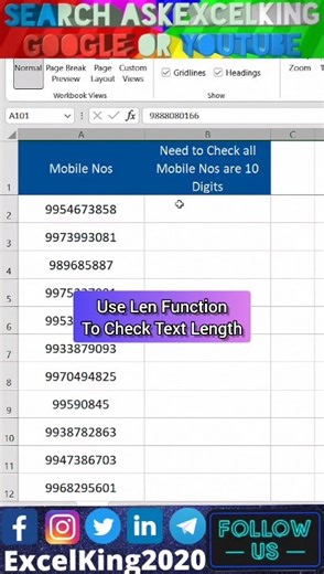 Excel Tip 🤫 Checking Mobile No Length using Len Function #AskExcelKing #excelking2020 #exceltipsandtricks #excelshortcuts #exceltips #exceltricks ##exceltraining #exceltutorial #excel2016 #excel2019 #EXCELKING #excel #msexceltutorials #msexceltricks #msexcelformulas #msexceltraining #msexceltips #msexcel #microsoftexcel #microsoft #Microsoft365 #shorts #reels #trending #trendingreels #ytshorts #yt #breakingnews | ExcelKing2020