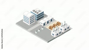 Isometric 3D city urban factory which includes building motion, animation
