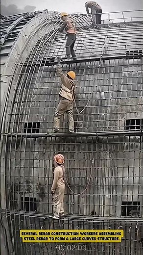 Rebar Construction Workers Assemble Rebar for a Curved Structure- Good tools and machinery