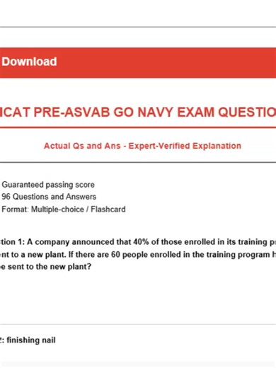 PICAT PRE-ASVAB “GO NAVY” EXAM QUESTIONS 2026 ⚓🔥 Actual Qs & Ans – Expert-Verified Explanations – 96 Question Practice Test 💯📘 Getting ready for the PiCAT or ASVAB and aiming for the Navy? 🚀 This comprehensive 96-question practice set is designed to mirror real exam structure and difficulty so you can build confidence, improve speed, and maximize your AFQT score. The PiCAT (Prescreen Internet-Delivered Computer Adaptive Test) follows the same subject structure as the official ASVAB and is us