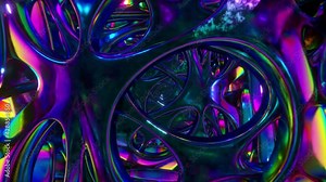 Flying through an abstract alien structure illuminated by neon lights. Modern ultraviolet lighting. 3d Animation of seamless loop