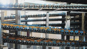 Multi level conveyor system with cookies in industrial bakery production.