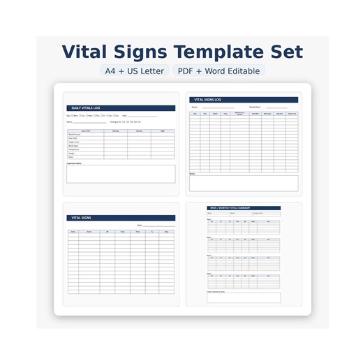 Vital Signs Template Set | Printable Vitals Log Sheets | Editable Word DOCX | A4 & US Letter - Etsy Australia