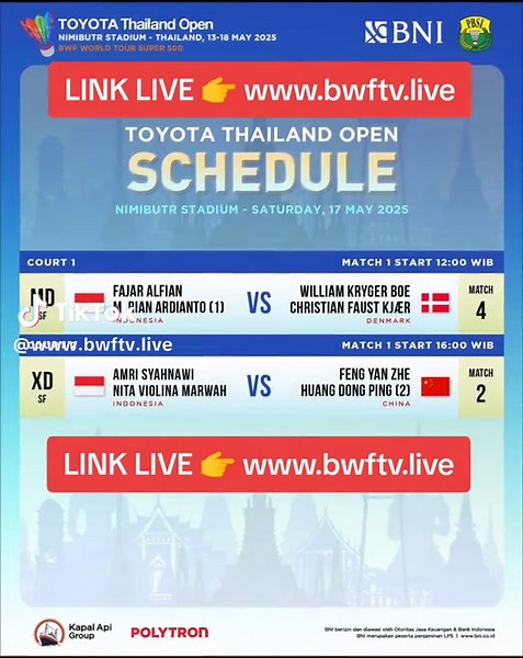 Thailand Open 2025: Siaran Langsung Semifinal Badminton