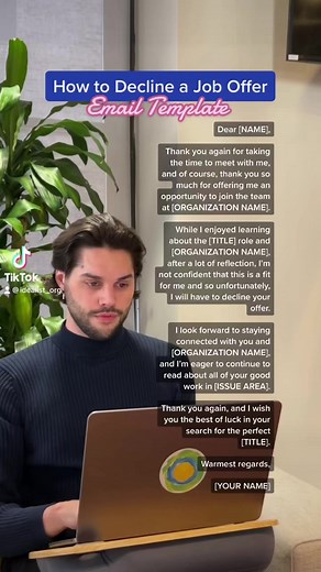 43K views · 291 reactions | When you’ve decided to decline a job offer and sever ties with the organization, remember to do so in a respectful and professional way. You never know who may be able to connect you with your next, great opportunity, so keep your email professional and full of gratitude!✨ #Idealist #JobOffer #EmailTemplate #CareerAdvice #CareerDevelopment | Idealist | Facebook