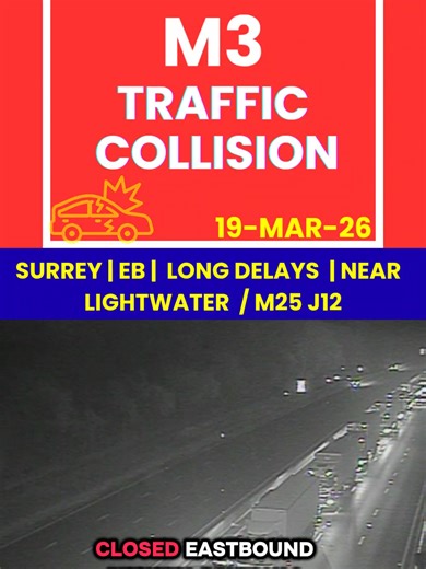 💥 M3 CRASH | LANE RESTRICTIONS EASTBOUND | J3 – J2 | SURREY 🕒 Reported shortly before 05:00 GMT | 19 March 26 📍 NEAR: Lightwater / Bagshot / Frimley / Camberley ⚠️ INCIDENT: Collision | Long Delays 📊 INCIDENT DETAILS Lane restrictions are currently in place on the M3 motorway eastbound between Junction 3 (Lightwater / Bagshot) and Junction 2 (M25 Interchange) following a road traffic collision. Three of the four lanes are closed, leaving just one lane running past the scene. Traffic is slow 