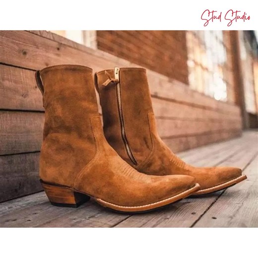 Mens Western Suede Cowboy Boots – Tan Leather Mid-calf Boots With Zipper | Vintage Rodeo Style | Handmade Pointed Toe Country Fashion Boots - Etsy