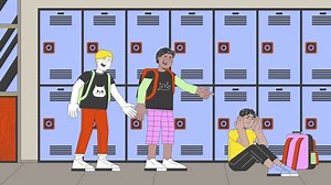 Bullying in elementary school cartoon animation. Diverse schoolboys bullies, depressed boy victim 4K video motion graphic. Humiliation racism kids 2D animated characters on hallway lockers background