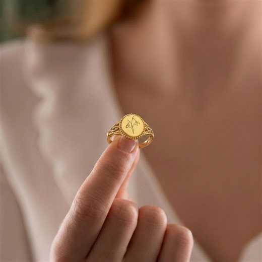 Birth Flower Signet Ring, Personalized Floral Ring, 925 Sterling Silver 14k Gold Plated, Birthday & Mother’s Day Gift - Etsy