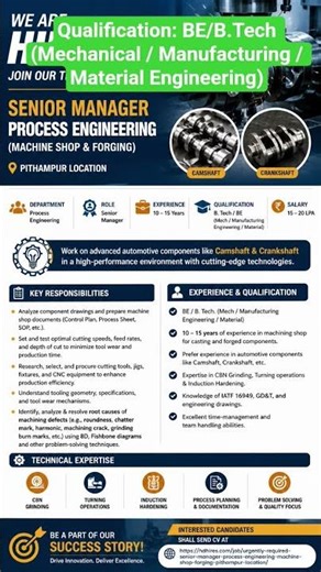 🚨 Hiring Senior Manager – Process Engineering | Salary Up to ₹20 LPA 🔥