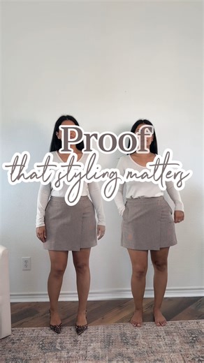 Anandi|Style Content Creator on Instagram: "Wearing vs Styling How to style a mini skirt, date night outfit, girls night outfit, Friendsgiving outfit, thanksgiving outfit, fall outfit idea, brown coat, tall boot styling"