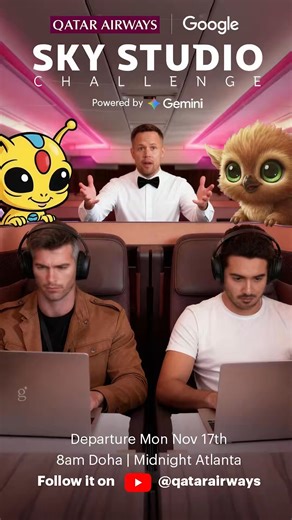 Can we create 2 full ads in a single flight, using @Starlinkand Google AI? #Qata Airways and @Google partnered to turn an A350 into a flying production studio and put faster-than-home Starlink Wi-Fi and Google’s Gemini AI tools to the test. Taking off soon! Stay tuned for the Sky Studio Challenge on our YouTube channel from 17 Nov Monday, 8:00am Doha | 0:00am Atlanta time. https://youtube.com/playlist?list=PLPRzM4WEgNXNi51uBVlzkhZprr_Z7CpIL | Qatar Tribune