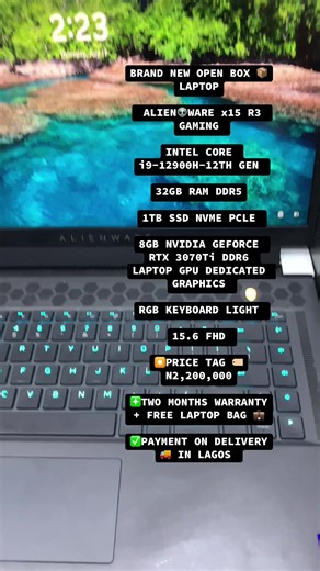 BRAND NEW OPEN BOX 📦 LAPTOP ALIEN👽WARE x15 R3 GAMING INTEL CORE i9-12900H-12TH GEN 32GB RAM DDR5 1TB SSD NVME PCLE 8GB NVIDIA GEFORCE RTX 3070Ti DDR6 LAPTOP GPU DEDICATED GRAPHICS RGB KEYBOARD LIGHT 15.6 FHD ✴️PRICE TAG 🏷️N2,200,000 ❇️TWO MONTHS WARRANTY FREE LAPTOP BAG 💼 ✅PAYMENT ON DELIVERY 🚚 IN LAGOS #califontechventures #califontechgadgets #tundeednut #computervillageikeja #reels #fyp #reelsinstagram #instablog #architecture #gamer #programming #freelance #coding #videoediting #musicpro