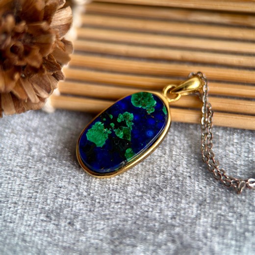Azurite Malachite Pendant Gold Plated Silver, Blue Green Gemstone Necklace, Natural Azurite Jewelry - Etsy