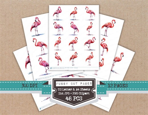 Pink Flamingo Fussy Cut Sheets, 12x Printable Pages, Watercolor Bird Cut Outs, Junk Journal Ephemera, Print and Cut, Digital Download - Etsy