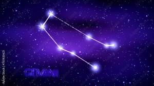 Animation of the Gemini zodiac sign in the cosmic night sky. The Gemini zodiac sign is a constellation of bright stars connected by luminous lines. Constellation and horoscope symbol. Astronomy.