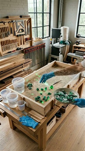 Emerald Resin Table 💚 Luxury Glass Finish Transformation! #epoxy #kitchen #design