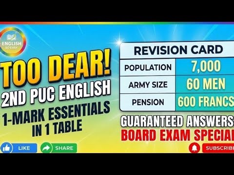 IMPORTANT | Too Dear! |2nd PUC English | 20 Must-Know Facts & Quiz ✅