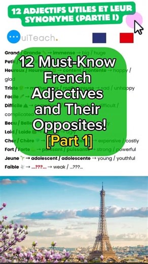 1.4K views · 31 reactions | 12 Must-Know French Adjectives and Their Opposites! [Part 1] | Learn French with OuiTeach #speakfrench #French #frenchlanguage | OuiTeach & French Becomes Easy | Facebook