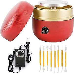 Mini Electric Pottery Wheel Machine, Small Pottery Forming Machine with Tray and 8 Clay Tools for DIY Ceramic Work Clay Art Craft (Red)