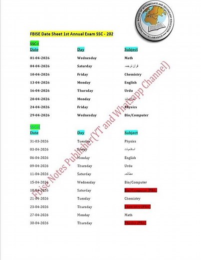 FBISE Federal Board Class 9 and 10 Date Sheet Annual Exam 2026 Announced #fbise #datesheet2026 #pba